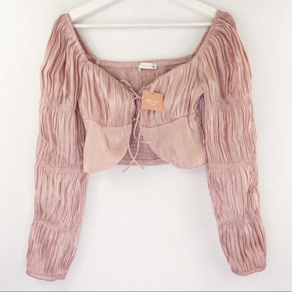 NWT Miss Lola Crop Top Puff Long Sleeve Front Tie Pink Size Small